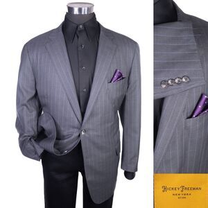 Hickey Freeman NY 160's Vitale Wool Striped Suit Jacket Blazer Coat Sz 48R/S